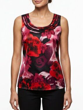 Ann Taylor Whimsigoth Satin Floral Tank Top Red Black Watercolor Pleated Neck XS